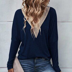 Navy Blue Lace detailed Panel Drop Shoulder Tee